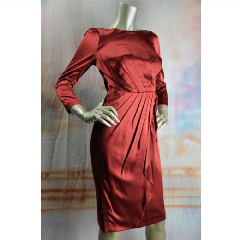 $3070 New ANDREW GN Ox Blood Red / Copper Pleated Satin Sheath Dress 6